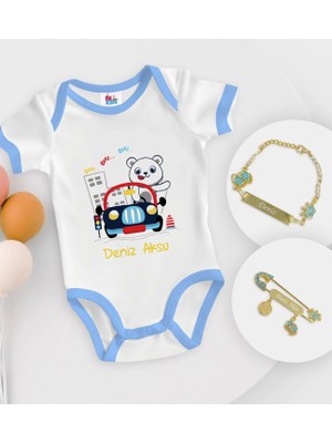 BK Gift Bk Kids Kişiye Özel Sevimli Sürücü Tasarımlı Mavi Bebek Body Zıbın Erkek Bebek Künyesi ve Iğnesi Hediye Seti-1 9-12 Ay