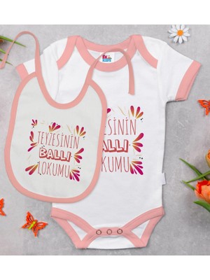 BK Gift Bk Kids Teyzesinin Ballı Lokumu Tasarımlı Pembe Bebek Body Zıbın ve Mama Önlüğü Hediye Seti-1 12-18 Ay