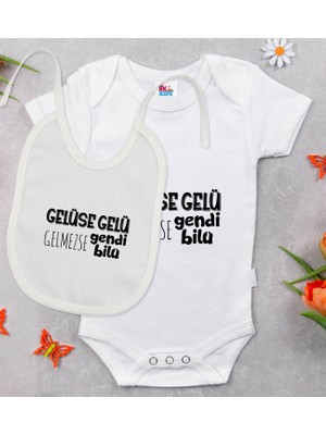 BK Gift Bk Kids Gelüse Gelü Tasarımlı Beyaz Bebek Body Zıbın ve Mama Önlüğü Hediye Seti-1 0-3 Ay
