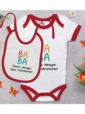 BK Gift Bk Kids Baba Tasarımlı Kırmızı Bebek Body Zıbın ve Mama Önlüğü Hediye Seti-2 9-12 Ay
