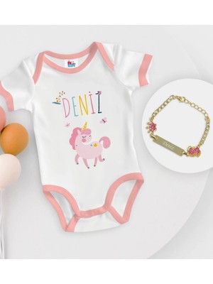 BK Gift Bk Kids Kişiye Özel Isimli Pembe Bebek Body Zıbın ve Kız Bebek Künyesi Hediye Seti-4 3-6 Ay