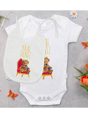 BK Gift Bk Kids Kişiye Özel Kral Tasarımlı Bebek Body Zıbın ve Mama Önlüğü Hediye Seti - Model 1 12-18 Ay