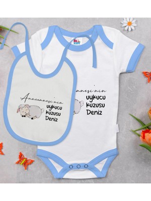 BK Gift Bk Kids Kişiye Özel Anneannesinin Uykucu Kuzusu Tasarımlı Mavi Bebek Body Zıbın ve Mama Önlüğü Hediye Seti 9-12 Ay