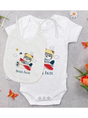 BK Gift Bk Kids Kişiye Özel Sevimli Pilot Tasarımlı Bebek Body Zıbın ve Mama Önlüğü Hediye Seti - Model 1 9-12 Ay