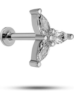 Nereze 925 Ayar Gümüş Rodyumlu Minimal Üç Taşlı Zarif Tragus Piercing Küpe