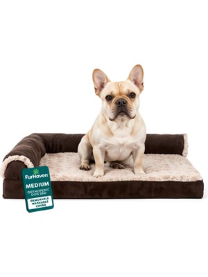 Furhaven Iki Tonlu Suni Kürk ve Süet L Şekilli Şezlong Yumurta Kasası Ortopedik Köpük Köpek Yatağı - Espresso, Orta