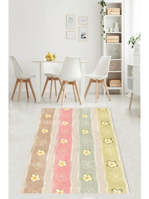 Pelangi Pastel Renk Bloklu Papatya Dökümlü Yıkanabilir Kaymaz Taban Leke Tutmaz Salon Halısı Yoluk, Pembe-Yeşil-Bej 180 x 280, 76470241802801