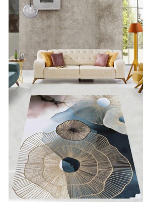 Pelangi Soyut Çiçek Desenli Yıkanabilir Kaymaz Taban Leke Tutmaz Salon Halısı Yolluk, Lacivert-Mavi-Gold 120 x 160