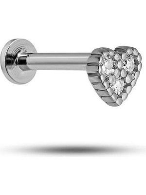 Nereze 925 Ayar Gümüş Rodyumlu Minimal Üç Zirkon Taşlı Kalp Tragus Piercing Küpe