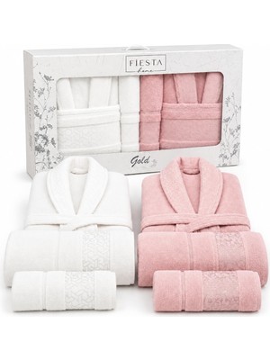 Sogud Fiesta Home - Bornoz Takımı - 6 PARÇA%100 Pamuk Aile Bornoz Seti - 2 L Beden Bornoz - 2 Banyo Havlusu 70X140 cm - 2 El Yüz Havlusu 50X90 cm - Beyaz-Pembe