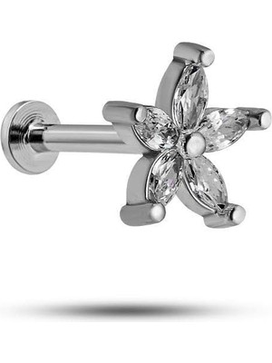 Nereze 925 Ayar Gümüş Rodyumlu Minimal Tırnaklı Kır Çiçeği Tragus Piercing Küpe