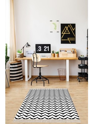 Pelangi Geometrik Desenli Dijital Baskı Yıkanabilir Kaymaz Taban Modern Desen Salon Halı, Siyah-Beyaz 180 x 300