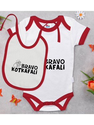 BK Gift Bk Kids Bravo Kotkafali Tasarımlı Kırmızı Bebek Body Zıbın ve Mama Önlüğü Hediye Seti-1 12-18 Ay