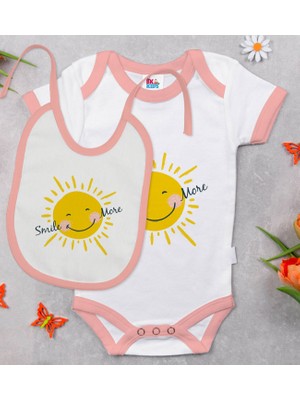 BK Gift Bk Kids Smile More Tasarımlı Pembe Bebek Body Zıbın ve Mama Önlüğü Hediye Seti-1 9-12 Ay
