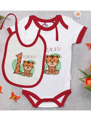 BK Gift Bk Kids 1 Yaşındayım Tasarımlı Kırmızı Bebek Body Zıbın ve Mama Önlüğü Hediye Seti-2 3-6 Ay