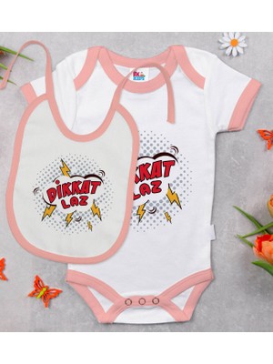 BK Gift Bk Kids Dikkat Laz Tasarımlı Pembe Bebek Body Zıbın ve Mama Önlüğü Hediye Seti-1 12-18 Ay