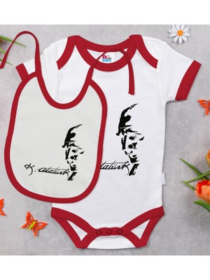 BK Gift Bk Kids Atatürk Temalı Kırmızı Bebek Body Zıbın ve Mama Önlüğü Hediye Seti-21 3-6 Ay