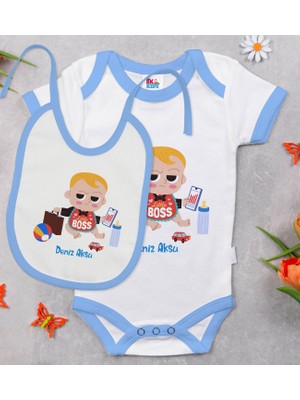 BK Gift Bk Kids Kişiye Özel Little Boss Tasarımlı Mavi Bebek Body Zıbın ve Mama Önlüğü Hediye Seti-1 6 - 9 Ay