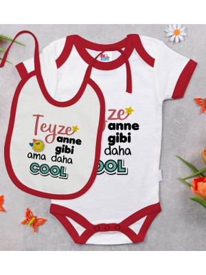 BK Gift Bk Kids Teyze Anne Gibi Tasarımlı Kırmızı Bebek Body Zıbın ve Mama Önlüğü Hediye Seti-1 0-3 Ay