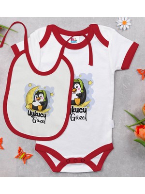 BK Gift Bk Kids Uykucu Güzel Tasarımlı Kırmızı Bebek Body Zıbın ve Mama Önlüğü Hediye Seti-1 0-3 Ay