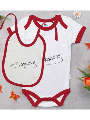 BK Gift Bk Kids Atatürk Temalı Kırmızı Bebek Body Zıbın ve Mama Önlüğü Hediye Seti-29 9-12 Ay