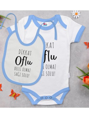 BK Gift Bk Kids Dikkat Oflu Tasarımlı Mavi Bebek Body Zıbın ve Mama Önlüğü Hediye Seti-1 9-12 Ay