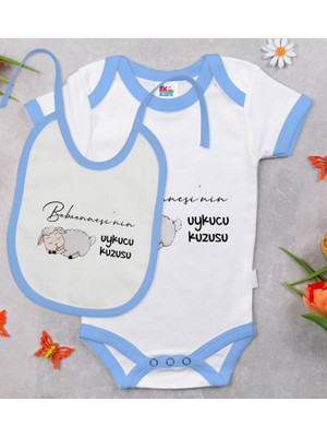 BK Gift Bk Kids Babaannesinin Uykucu Kuzusu Tasarımlı Mavi Bebek Body Zıbın ve Mama Önlüğü Hediye Seti-1 6 - 9 Ay