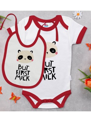 BK Gift Bk Kids But First Milk Tasarımlı Kırmızı Bebek Body Zıbın ve Mama Önlüğü Hediye Seti-1 12-18 Ay