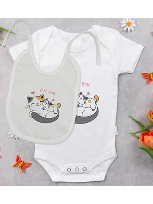 BK Gift Bk Kids Love You Tasarımlı Bebek Body Zıbın ve Mama Önlüğü Hediye Seti - Model 2 9-12 Ay