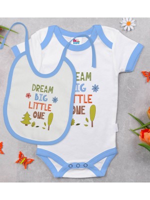BK Gift Bk Kids Dream Big Little One Tasarımlı Mavi Bebek Body Zıbın ve Mama Önlüğü Hediye Seti-1 3-6 Ay