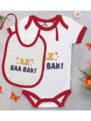 BK Gift Bk Kids Az Baa Bak Tasarımlı Kırmızı Bebek Body Zıbın ve Mama Önlüğü Hediye Seti-1 3-6 Ay