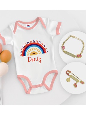 BK Gift Bk Kids Kişiye Özel Isimli Pembe Bebek Body Zıbın Kız Bebek Künyesi ve Iğnesi Hediye Seti-1 6 - 9 Ay