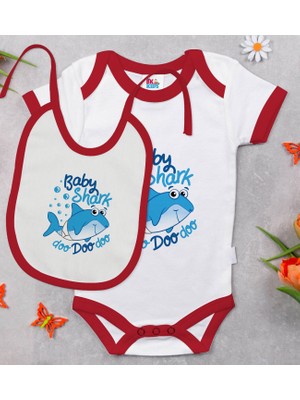 BK Gift Bk Kids Baby Shark Tasarımlı Kırmızı Bebek Body Zıbın ve Mama Önlüğü Hediye Seti-1 6 - 9 Ay