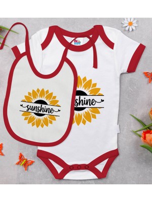 BK Gift Bk Kids Sunshine Tasarımlı Kırmızı Bebek Body Zıbın ve Mama Önlüğü Hediye Seti-1 6 - 9 Ay