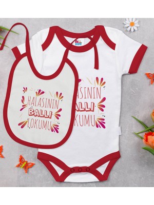 BK Gift Bk Kids Halasının Ballı Lokumu Tasarımlı Kırmızı Bebek Body Zıbın ve Mama Önlüğü Hediye Seti-1 0-3 Ay