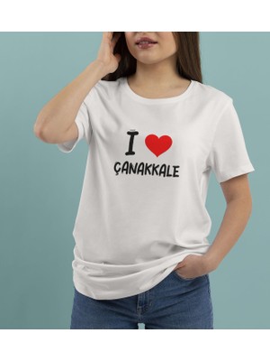 Bk Gift I Love Çanakkale Tasarımlı Kadın Yuvarlak Yaka Tişört-1 Small