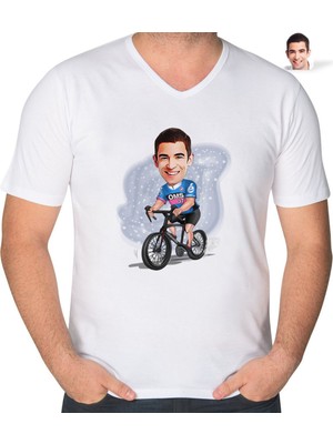 BK Gift Kişiye Özel Erkek Bisiklet Sürücüsü Karikatürlü V Yaka Tişört-1