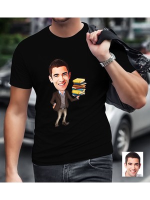 BK Gift Kişiye Özel Bay Öğretmen Karikatürlü Siyah T-Shirt-8