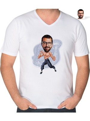 BK Gift Kişiye Özel Bruce Lee Karikatürlü V Yaka Tişört-1