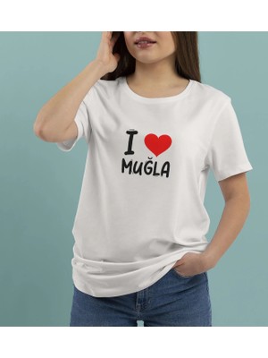 Bk Gift I Love Muğla Tasarımlı Kadın Yuvarlak Yaka Tişört-1 Xxx Large