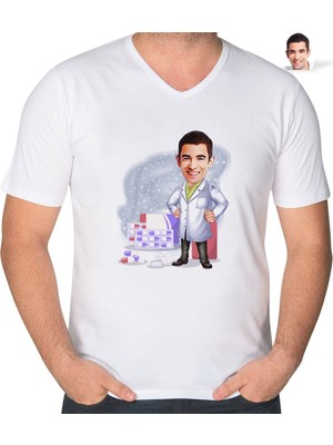 BK Gift Kişiye Özel Erkek Eczacı Karikatürlü V Yaka Tişört-3