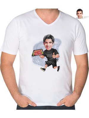 BK Gift Kişiye Özel Erkek Kasap Karikatürlü V Yaka Tişört-2