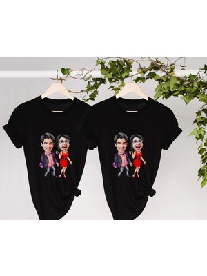 Bk Gift Kişiye Özel Sevgililer Karikatürlü Ikili Siyah T-Shirt Seti, Sevgililer Hediye, Çift Hediyesi, Yıl Dönümü Hediyesi, Kişiye Özel Tişört-9