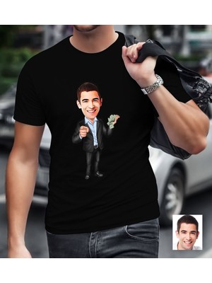 BK Gift Kişiye Özel Bay Bankacı Karikatürlü Siyah T-Shirt-1