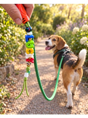 Goob Kişiye Özel Isimli Charmlı Köpek Gezdirme Kayışı 180 cm – Yeşil Siyah, Renkli Harf ve Boncuk Detaylı