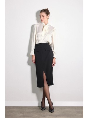 Gusto Cepli Midi Krep Lycra Etek - Siyah
