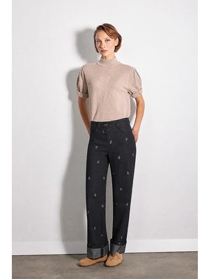 Gusto Hayalperest Koleksiyonu Paçası Katlamalı Denim Görünümlü Jakarlı Pantolon - Lacivert