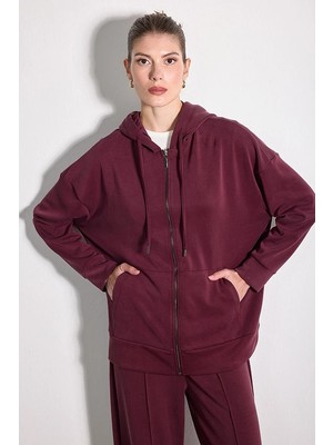 Gusto Kapüşonlu Önden Fermuarlı Modal Sweatshirt - Bordo