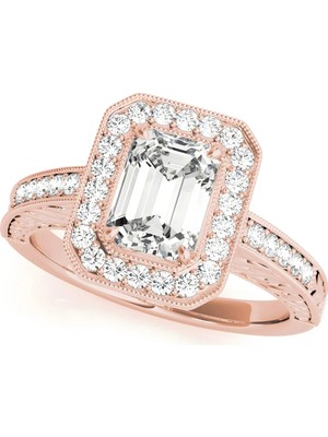 Lial Diamond Zümrüt Kesim Halo Kanal Montürlü Yüzük, 1 Karat Merkez Taşlı Laboratuvar Pırlanta Yüzük, 14 Ayar Rose Altın, BV84511