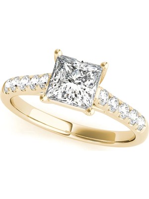 Lial Diamond Prenses Kesim Tektaş Yan Taşlı Yüzük, 1 Karat Merkez Taşlı Laboratuvar Pırlanta Yüzük, 14 Ayar Sarı Altın, BV82857